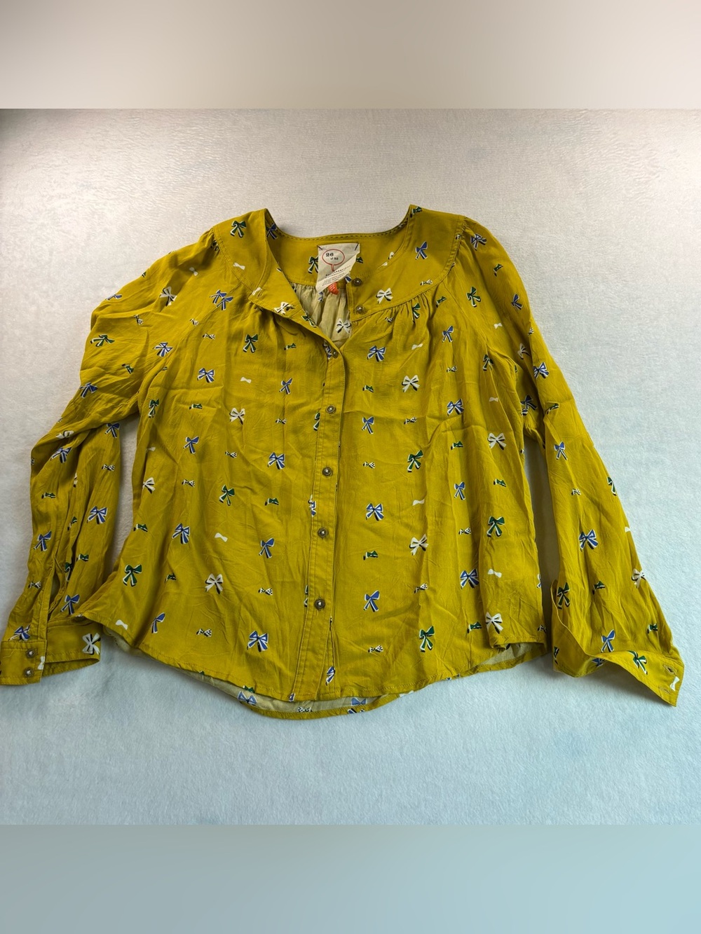 Anthropologie Yellow Blouse with Small Multicolor Bow Print